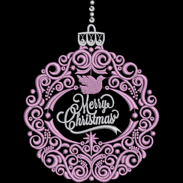 An embroidery design of an ornate Christmas ornament featuring a dove and the text "Merry Christmas" in a stylish script.