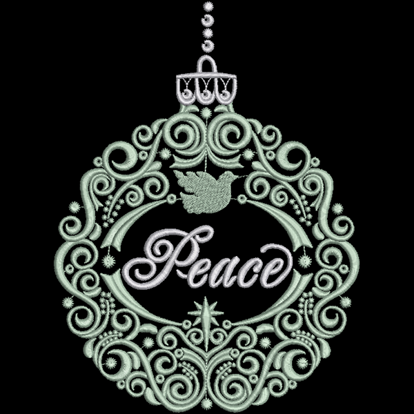 An embroidery design of an ornate ornament featuring the word "Peace" in elegant lettering, surrounded by intricate swirls and a dove motif.