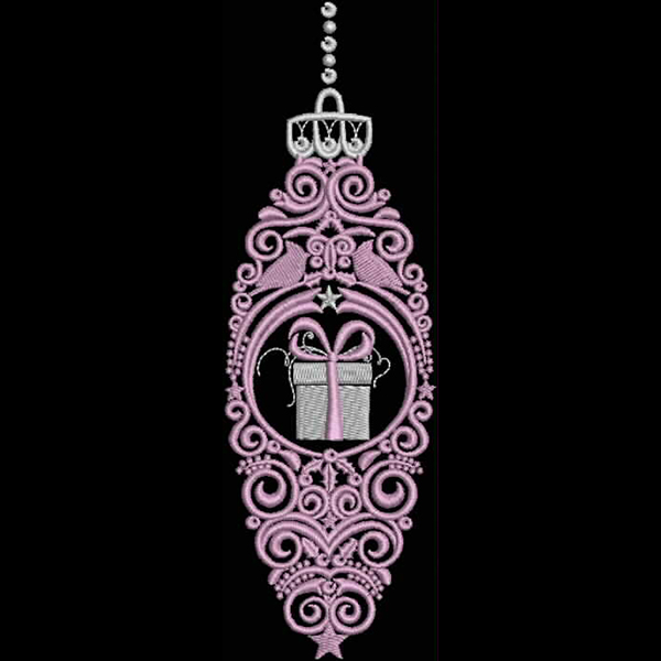 An embroidery design of an ornate pink frame featuring a gift with a bow, elegantly surrounded by decorative elements.