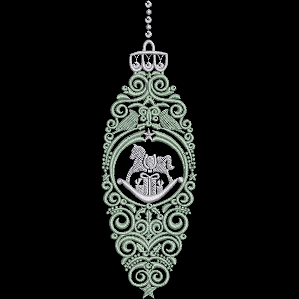 An embroidery design of an ornate decorative pendant featuring intricate swirls and a central emblem depicting two horses, complemented by floral motifs and stars.