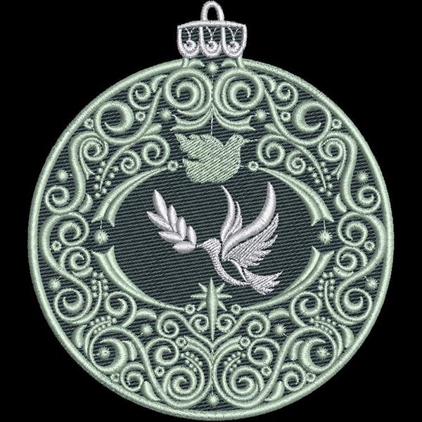 An embroidery design of an ornate circular ornament featuring a dove and a leaf, surrounded by intricate swirls and patterns.