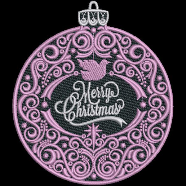 An embroidery design of a pink Christmas ornament featuring intricate swirls and the phrase "Merry Christmas" accompanied by a small dove motif.