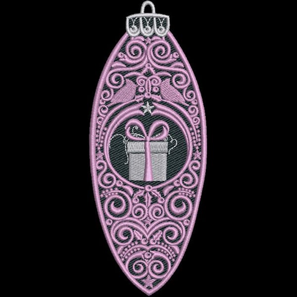 An embroidery design of a decorative ornament featuring intricate swirls and a central image of a gift wrapped with a bow.