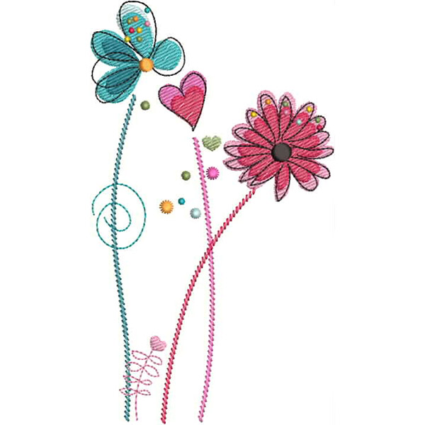 An embroidery design of whimsical flowers and a butterfly, featuring vibrant colors and playful embellishments.