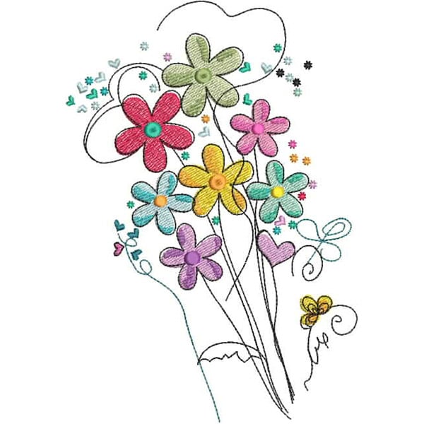 An embroidery design of a colorful bouquet featuring various stylized flowers in bright hues, complete with whimsical accents and playful shapes.