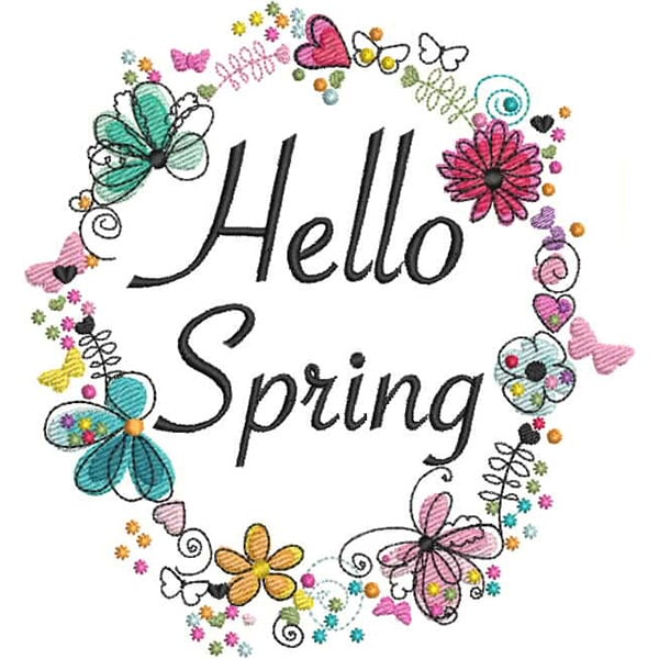 An embroidery design of colorful flowers and butterflies surrounding the text "Hello Spring."
