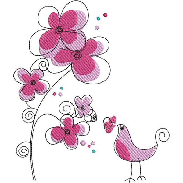 An embroidery design of a whimsical arrangement featuring vibrant pink flowers and a charming bird interacting with a flower.