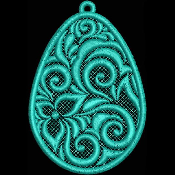 An embroidery design of an intricate, teal-colored egg shape featuring swirling patterns and floral motifs.