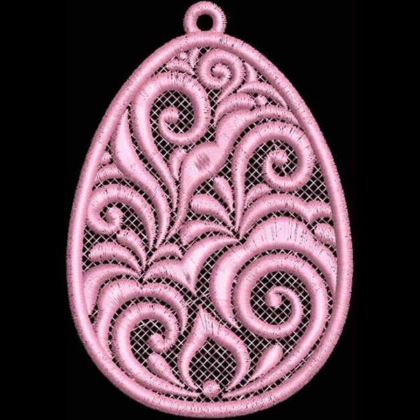 An embroidery design of an ornate pink egg featuring intricate swirling patterns and a lace-like texture.