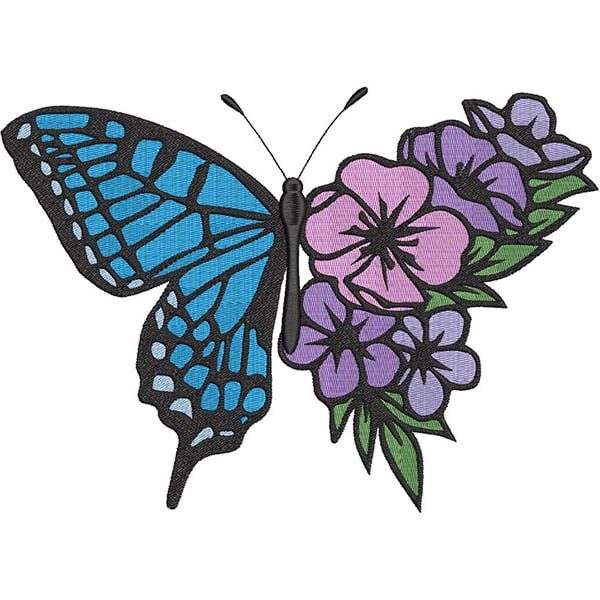 An embroidery design of a vibrant blue butterfly adorned with delicate purple and pink flowers.