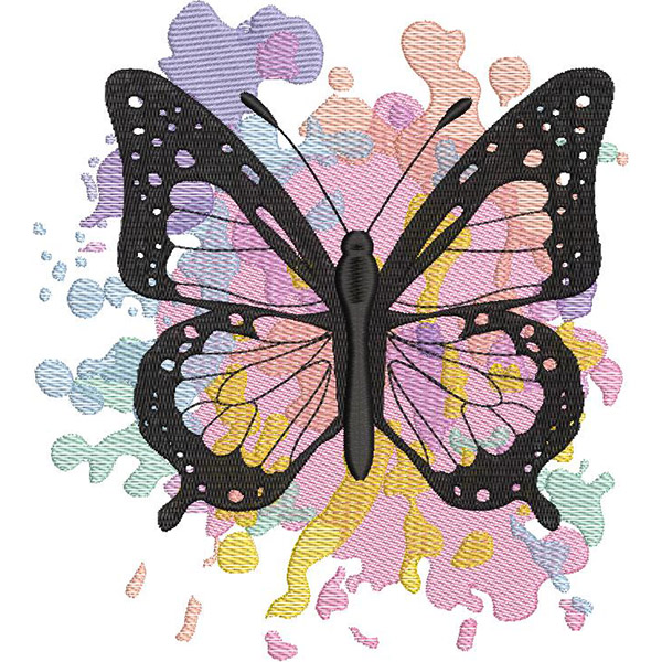 An embroidery design of a detailed butterfly with bold outlines and colorful splashes in the background.