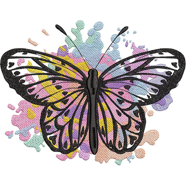 An embroidery design of a beautifully detailed butterfly with pink and purple wings set against a vibrant splash of colors.