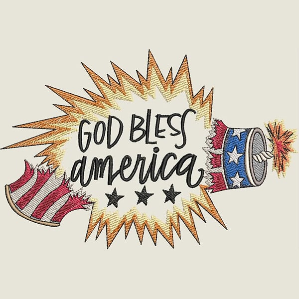 An embroidery design of the phrase "God Bless America" surrounded by stars and explosive motifs, featuring a festive color palette.
