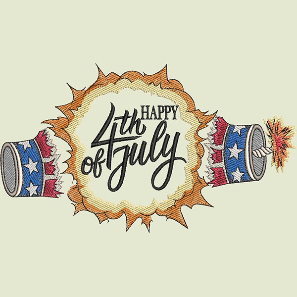 An embroidery design of fireworks and festive text celebrating the "4th of July" surrounded by decorative bursts.