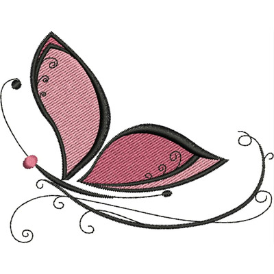 An embroidery design of a stylized butterfly with pink wings and decorative swirls.