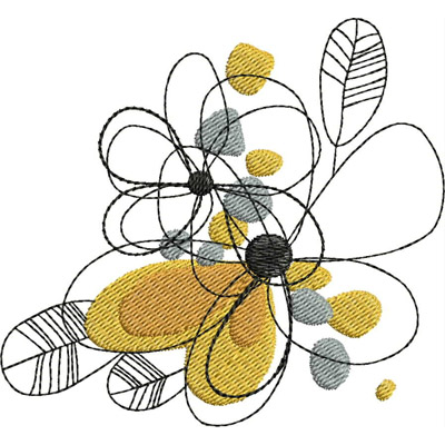An embroidery design of stylized flowers featuring black outlines, yellow and gray accents, and delicate leaves.