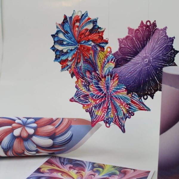 An embroidery design of colorful, intricate floral shapes adorned with vibrant threadwork and embellishments.