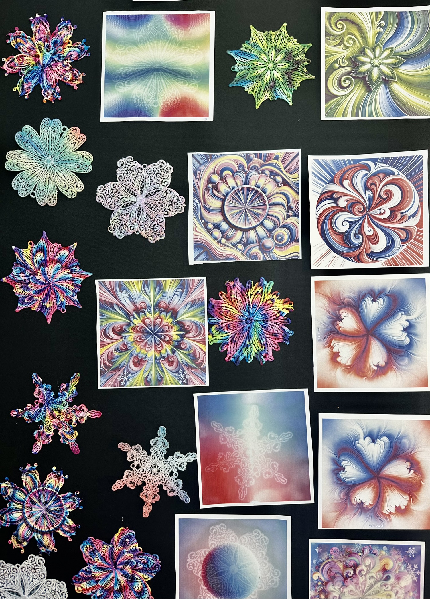 An embroidery design of intricate and colorful floral and snowflake patterns, showcasing vibrant colors and delicate detailing.