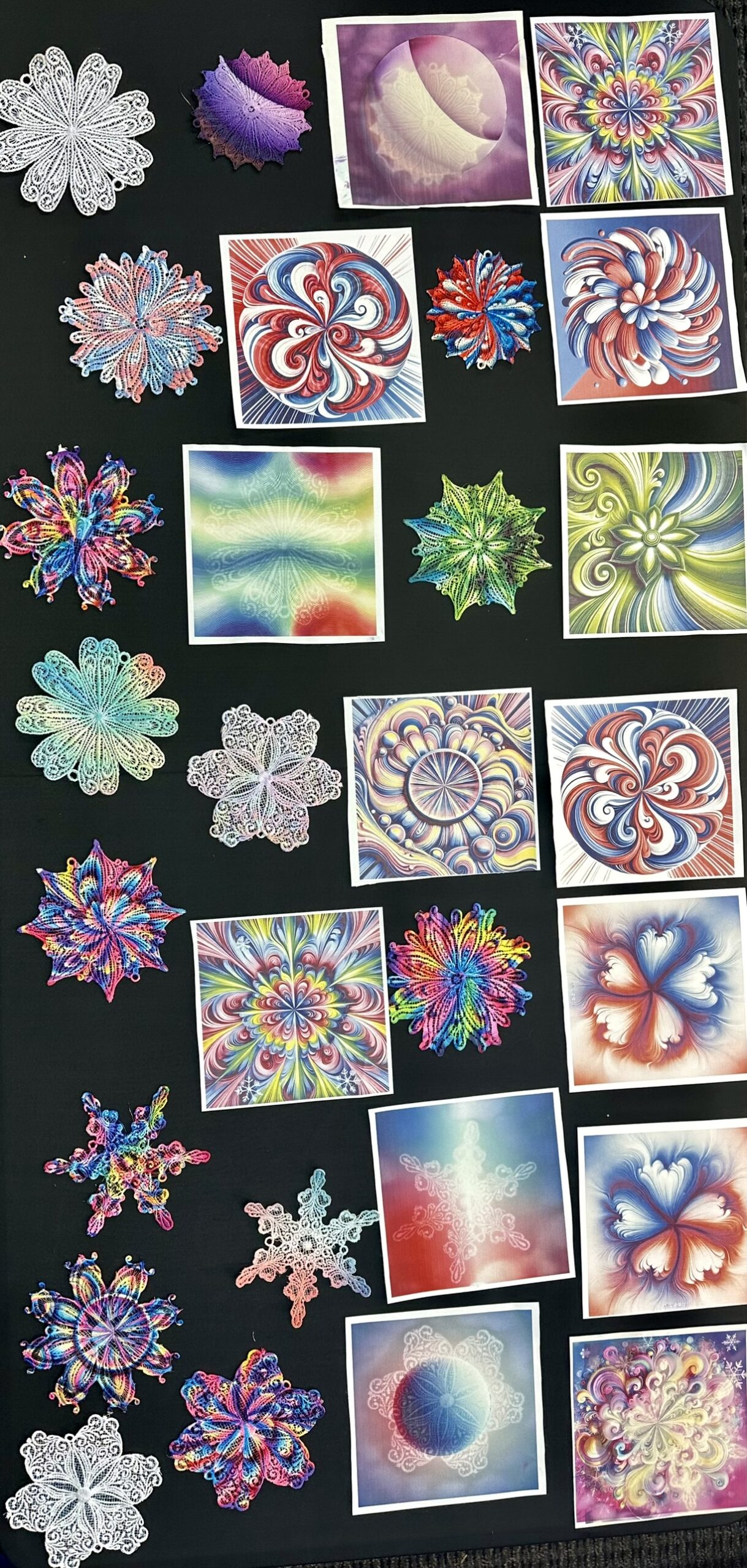 An embroidery design of intricate floral and geometric patterns in a variety of vibrant colors and detailed textures.