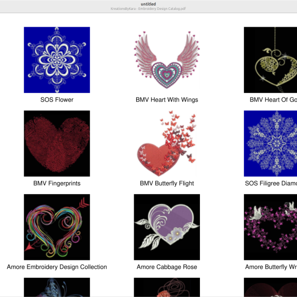 An embroidery design of a decorative heart composed of intricate fingerprint patterns in a rich red color.