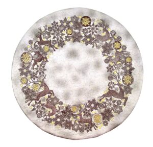 An embroidery design of a circular arrangement featuring intricate flowers, snowflakes, and stylized reindeer, accented with golden elements.