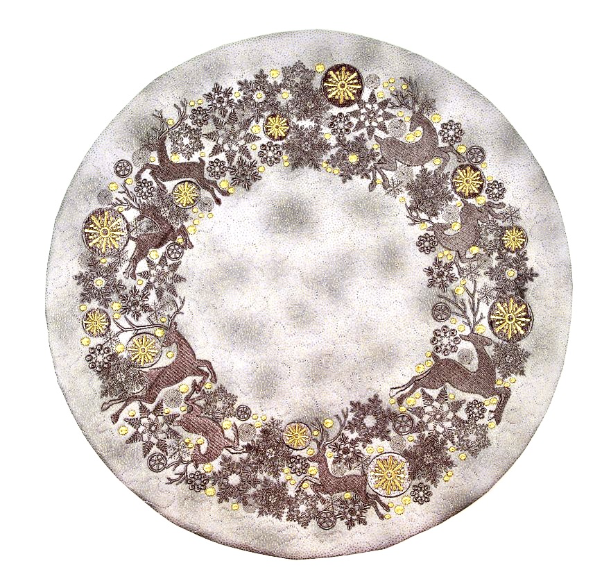 An embroidery design of a circular arrangement featuring intricate flowers, snowflakes, and stylized reindeer, accented with golden elements.